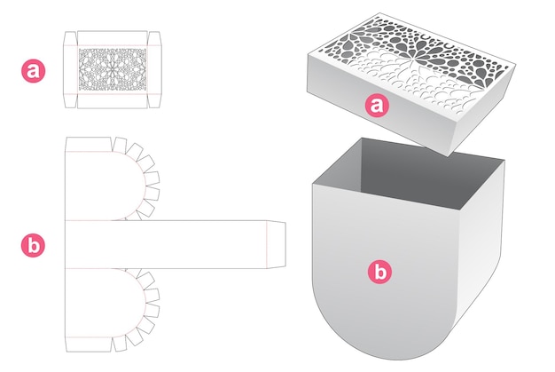 Scatola rotonda inferiore con modello fustellato con coperchio stampato e mockup 3d