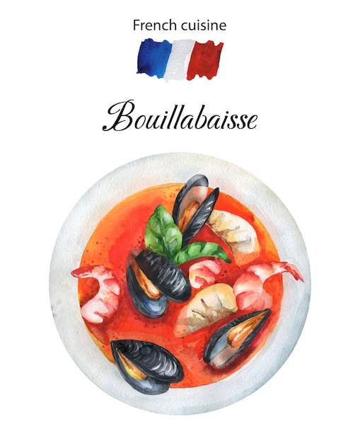 Illustrazione variopinta di bouillabaisse. illustrazione dell'acquerello della cucina francese.