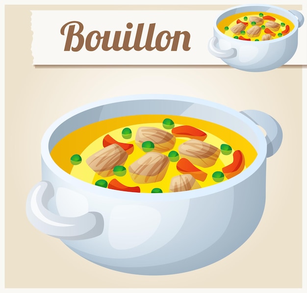 Bouillon with meat and vegetables. detailed vector icon