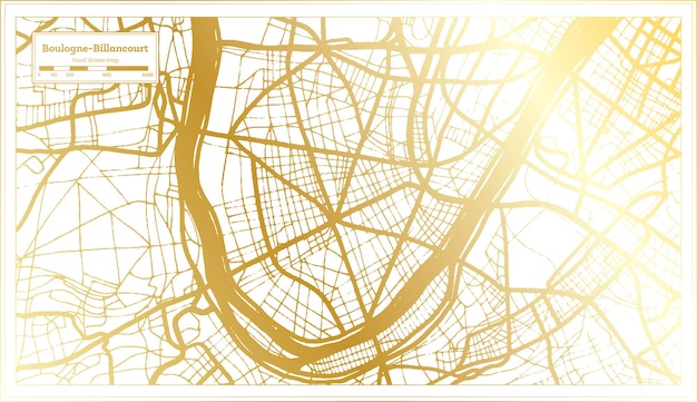 黄金色のアウトライン マップでレトロなスタイルでブローニュ ビヤンクール フランス都市マップ