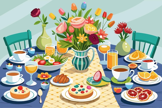 Vector a bountiful brunch table adorned with fresh flowers and elegant tableware ready to host a gathering of friends and family