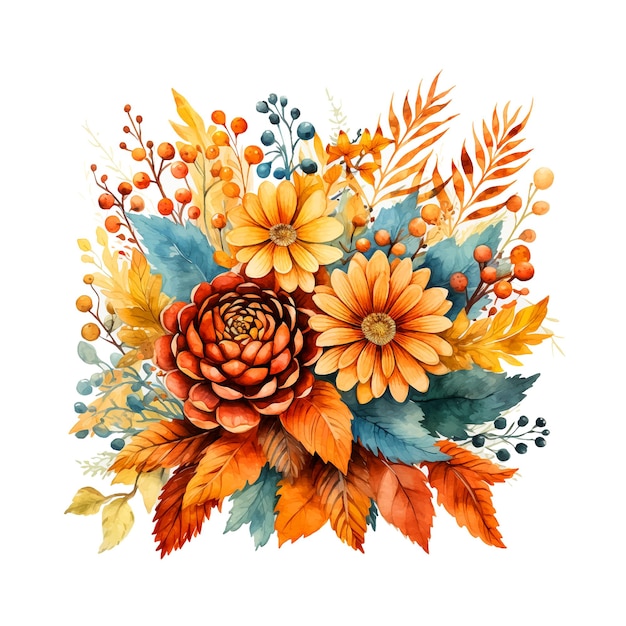 Vector bouquet of autumn flowers watercolor paint