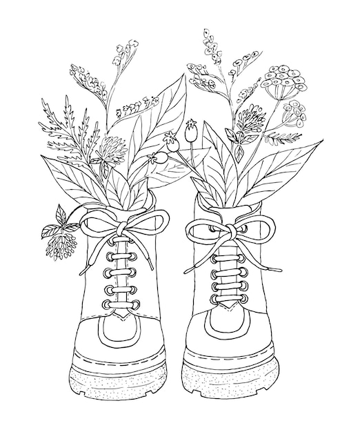 Bouquet of autumn leaves and flowers in boots Coloring Autumn composition for coloring
