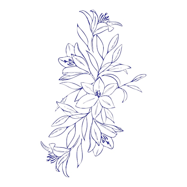 Vector bouquet of beautiful flowers and leaves. hand drawn botanical illustration with blue ink. vector outline. blue on white.