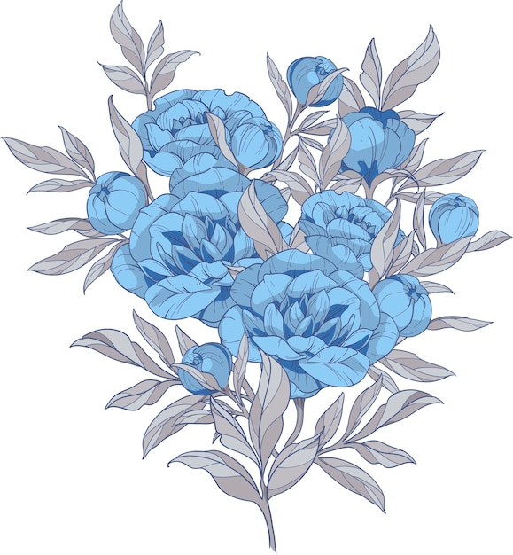 Bouquet di peonie blu con foglie grigie illustrazione vettoriale design floreale