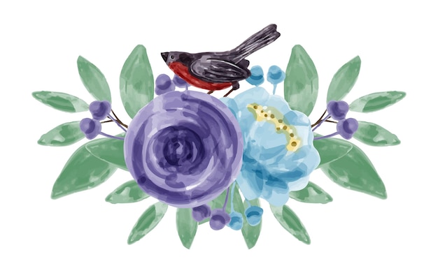 Mazzo di fiori e uccelli viola blu con acquerello