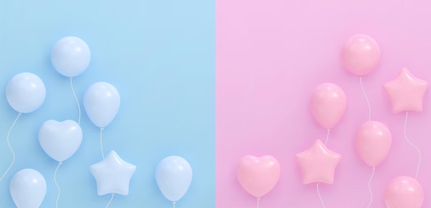 Mazzo di bouquet di palloncini rosa e blu realistici che volano illustrazione vettoriale per la carta baby shower