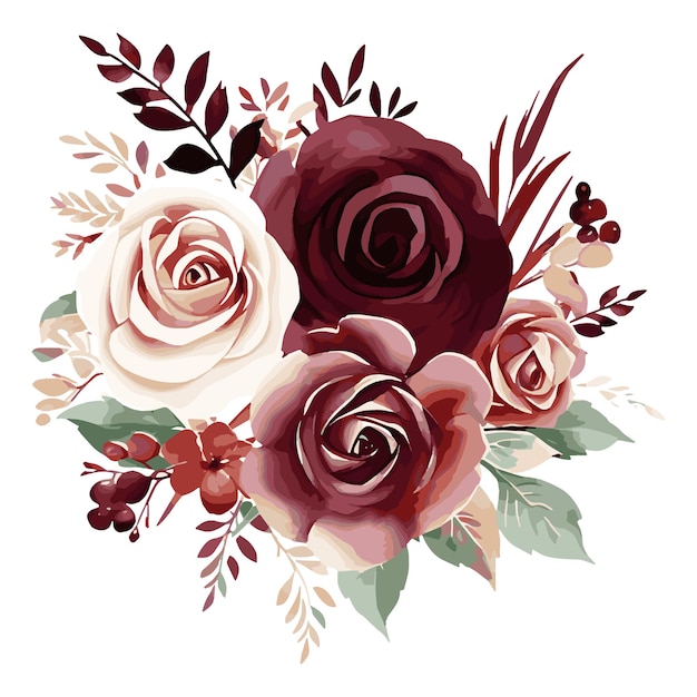 Vector a bouquet of burgundy rose flower arrangements with watercolor for greeting cards wedding invitation