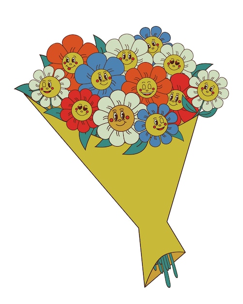 Vettore bouquet di personaggi floreali in stile retrò dei cartoni animati