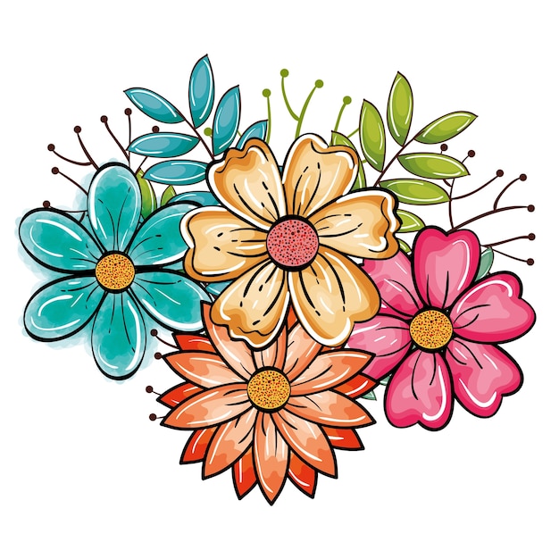 Vector bouquet of colorful flowers with branches and leaves