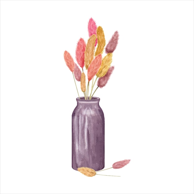 セラミックの花瓶に色とりどりのラグルス スタイリッシュな乾燥した植物のウサギの尾 現代的な部屋のデザイン要素 花瓶 草原の草 水彩画