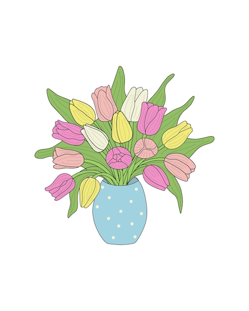 Vector a bouquet of colorful tulips in a blue vase with polka dots on a white background tulips yellow pi