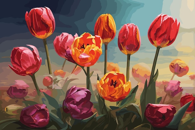 A bouquet of colorful tulips watercolor painting