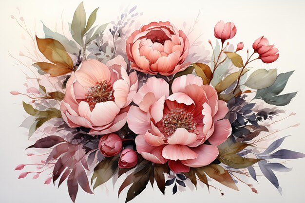 Bouquet composition decorated with dusty pink watercolor flowers and eucalyptus greenery Floral