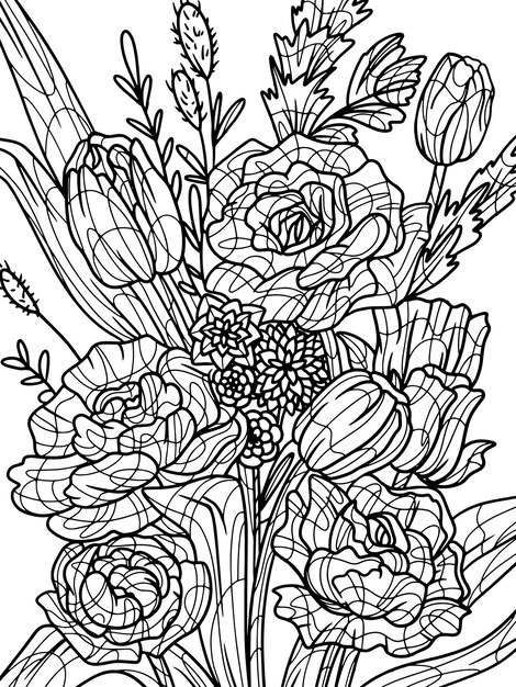 Bouquet of different flowers isolated Coloring book antistress for children and adults Illustration