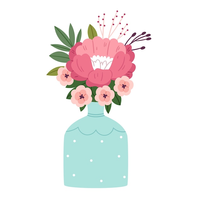 Vector bouquet of different spring flowers and branches in pastel colors