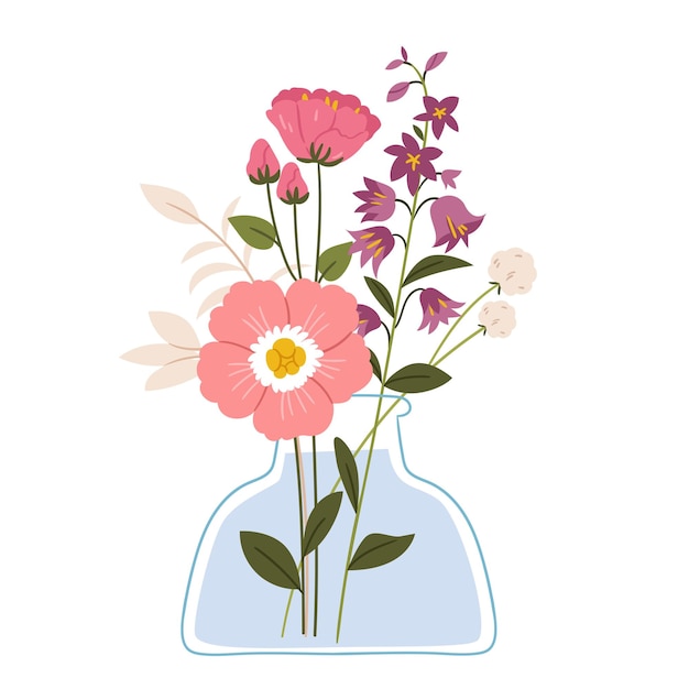 モダンな花瓶にパステル カラーのさまざまな春の花の花束手描きイラスト