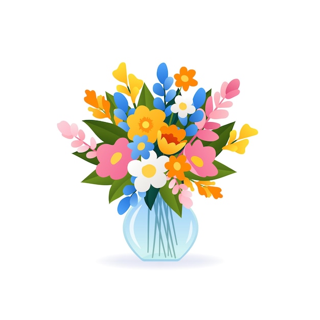 Bouquet of different spring and summer flowers in vase isolated vector illustration on white