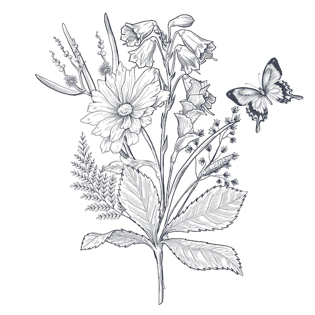 A bouquet of early spring flowers botanical style of engraving illustration vector black and white