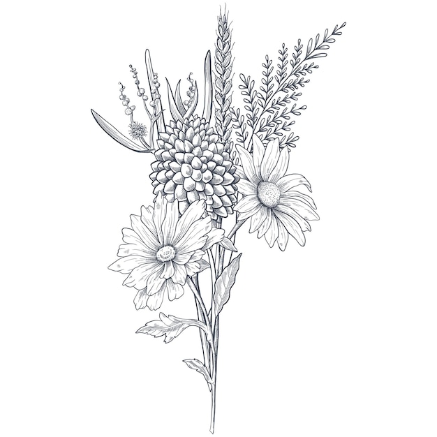 Un bouquet di fiori primaverili stile botanico dell'illustrazione dell'incisione vettore in bianco e nero