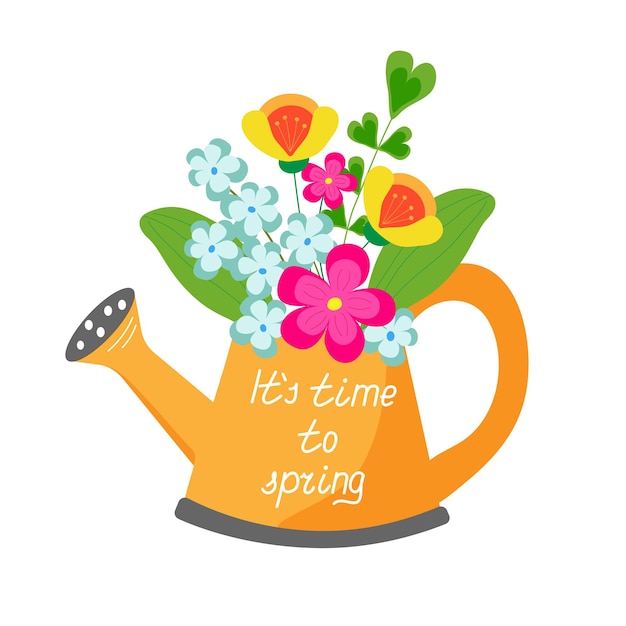 Vector bouquet of fantasy flower in the orange watering can with lettering it's time to spring gardening