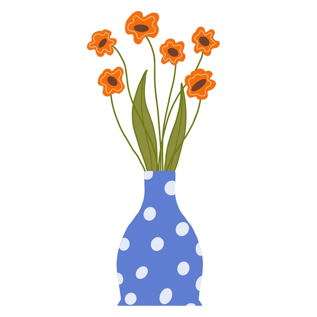 Bouquet of field orange poppies in a blue vase. Beautiful blooming composition with leaves and stem isolated on white.