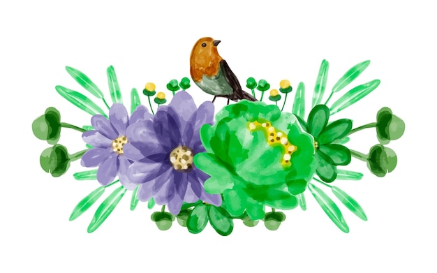 Bouquet flowers and birds with watercolor