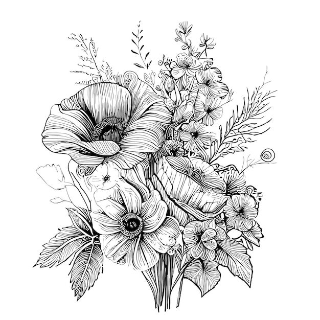 Bouquet of flowers in boho style sketch hand drawn illustration