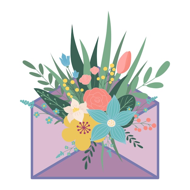 Bouquet of flowers in an envelope vector illustration