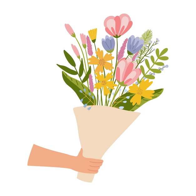 bouquet of flowers in hands illustration of hand holding flowers design element for greeting card