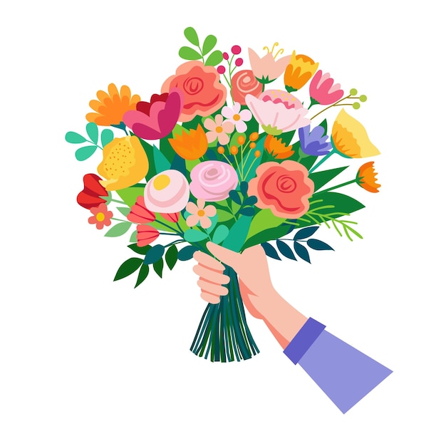 A bouquet of flowers in her hand Vector illustration on white background Colorful various flowers