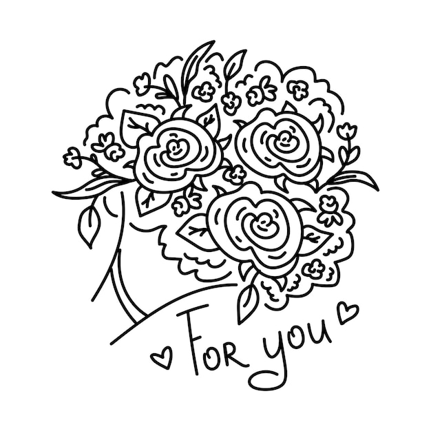 Bouquet of flowers linear illustration graphic element for greeting card for you invitation card