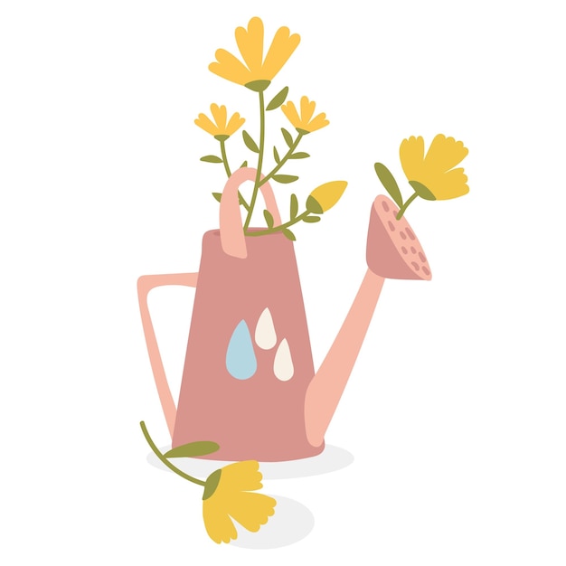 Vector a bouquet of flowers in a pink watering can cute spring flat handdrawn vector illustration