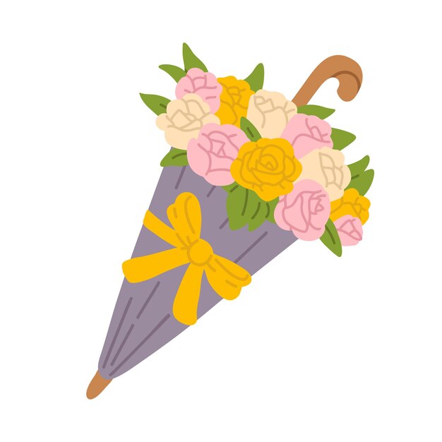 A bouquet of flowers in a umbrella