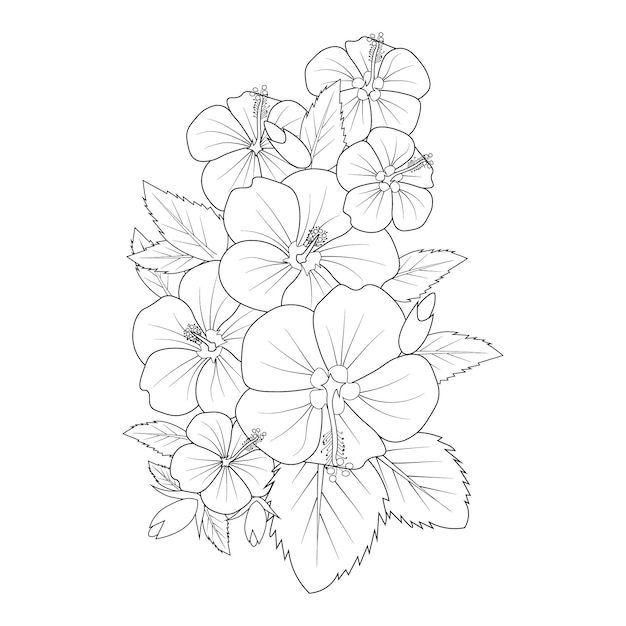 bouquet of flowers, in vase Flowers branch, of hibiscus flower, Hand drawing vector illustration .