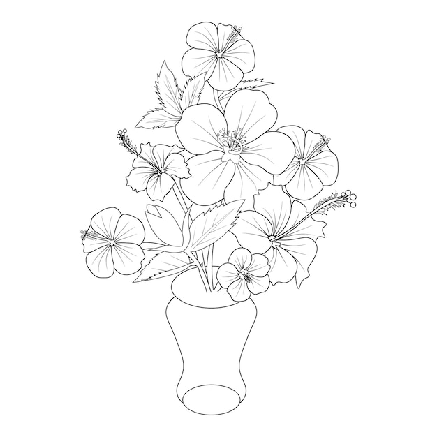 Bouquet di fiori, in vaso ramo di fiori, di fiori di ibisco, illustrazione vettoriale di disegno a mano.