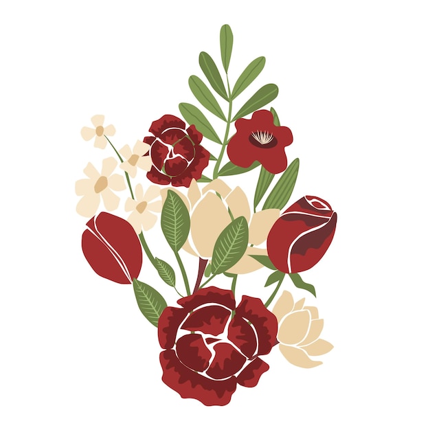 Bouquet of flowers vector illustration white and red flowers greenery Isolated on white background Fashion illustration in trend