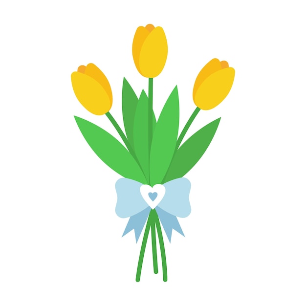 Bouquet of flowers with bow, ribbon and hearts. Vector illustration of yellow tulips. Spring plants.