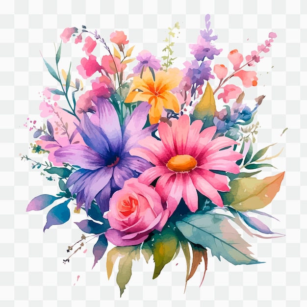 A bouquet of flowers with a pink, purple, and blue background.