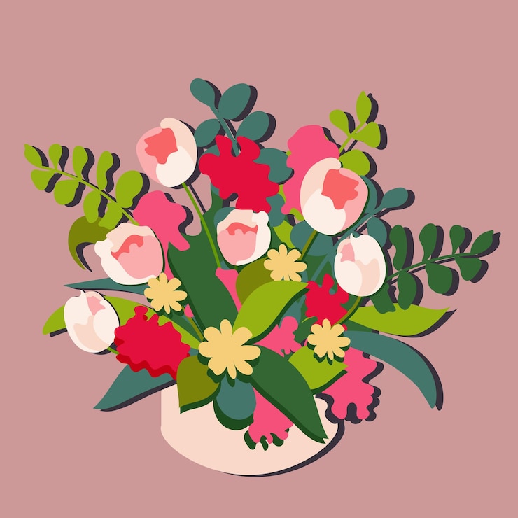Vector bouquet of flowers with pink tulips and fuchsia green branches leaves in a box with shadows
