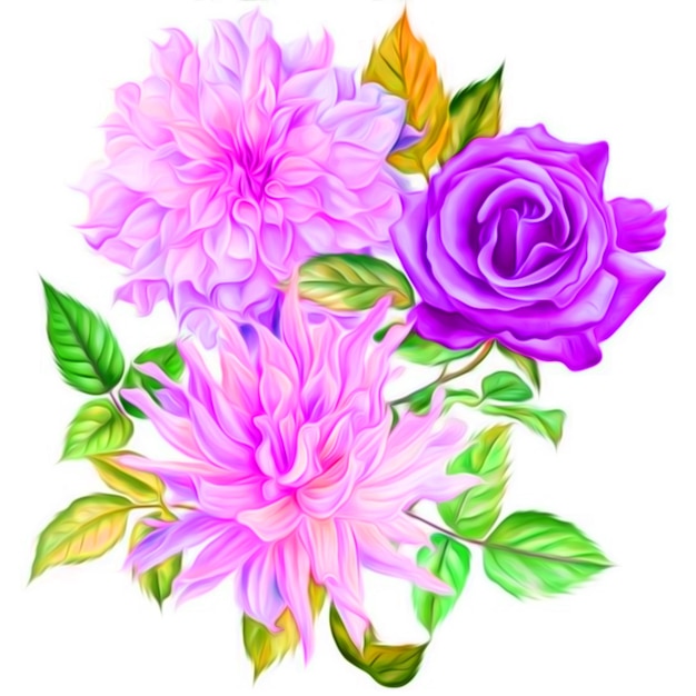 Vector a bouquet of flowers with a purple and pink roses on a white background.