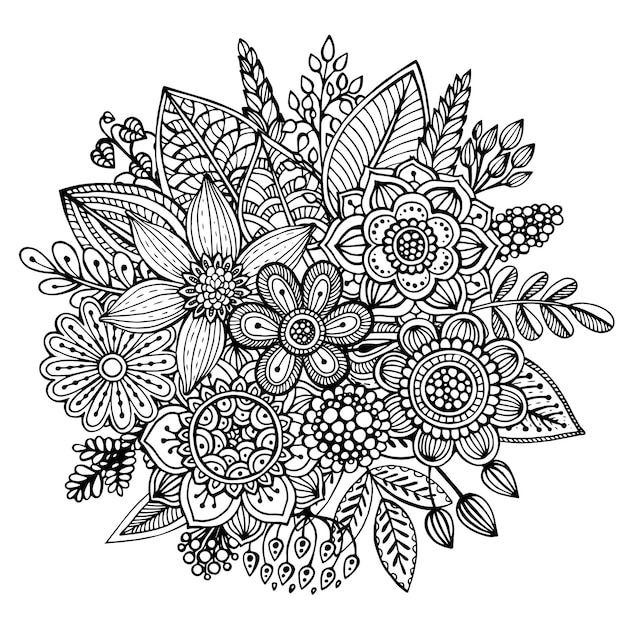 Bouquet of hand drawn flowers, leaves in ornate doodle style.