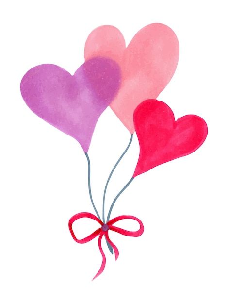 Bouquet of hearts on a rope with a bow for Valentines Day Mothers Day Hand drawn watercolor