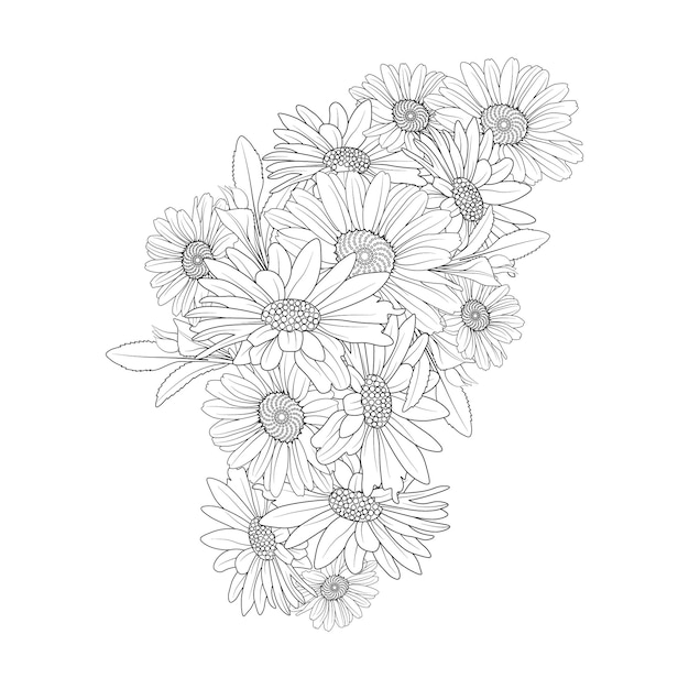 白で隔離される大人のためのハイビスカスの花の手描き鉛筆スケッチ塗り絵の花束。