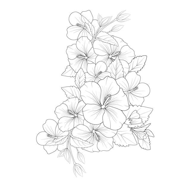 Bouquet of hibiscus flower hand drawn pencil sketch coloring page and book adult isolate images.