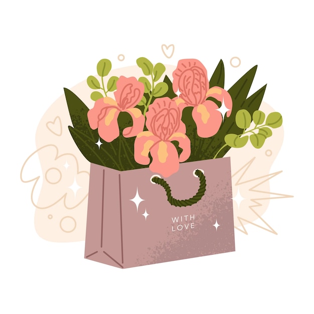 A bouquet of irises packed in a gift bag Flower delivery shop for a client Flowers as a gift for the holiday Vector illustration isolated on transparent background