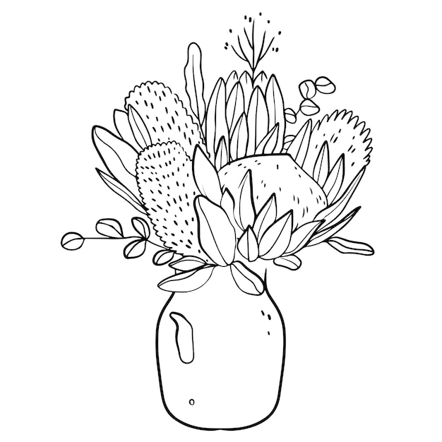 Bouquet in a linear style of proteas with eucalyptus in a vase Sketch modern art