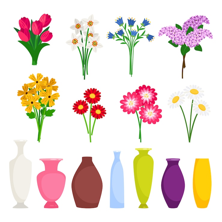 Vector bouquet maker - different flowers and vases  elements