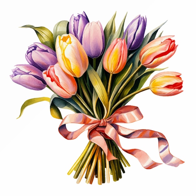 A bouquet of multicolored tulips with a red ribbon