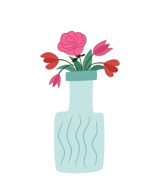ボトルのように見える花瓶のさまざまな花の花束緑豊かなバラのポピーとチューリップ白の落書きスタイルの色の孤立したイラスト